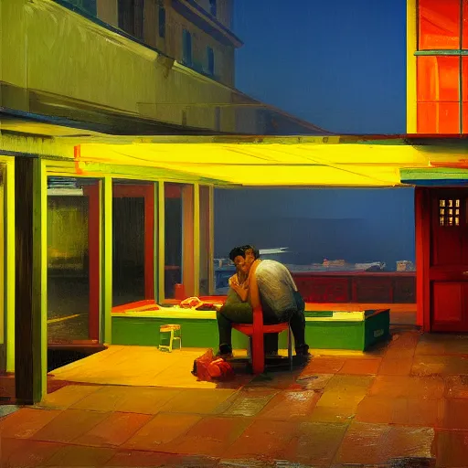 Image similar to a photorealistic digital rendering of a rain soaked shanty town at night by Edward Hopper and James Gilleard, oil painting