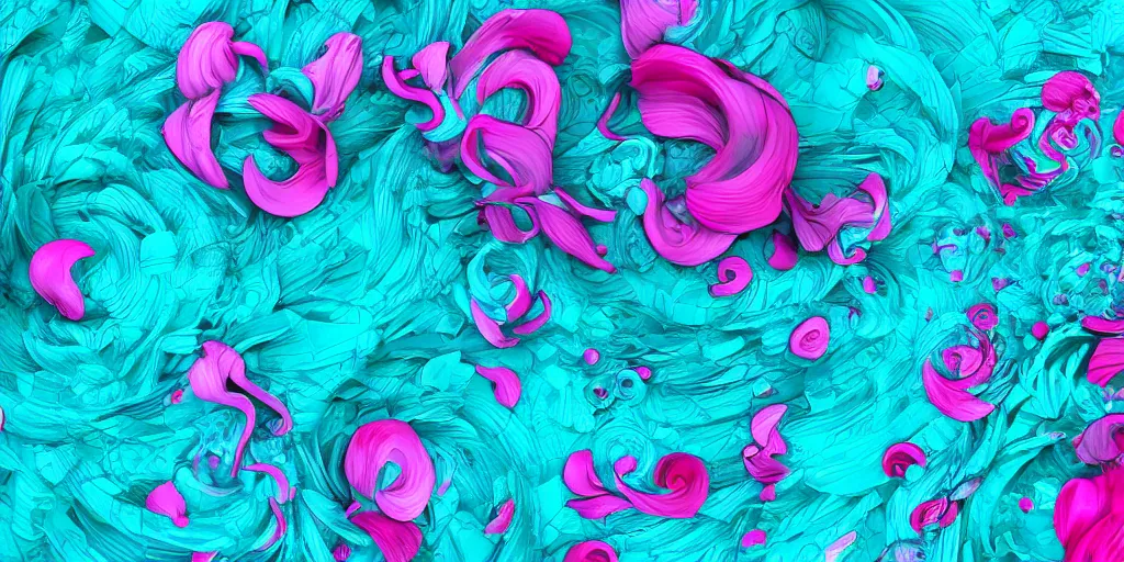 Prompt: abstract 3 d render of flowers and swirls, arnold render, v - ray, realistic abstract render, turquoise and magenta color scheme, intrincate, detailed, elegant, geometric