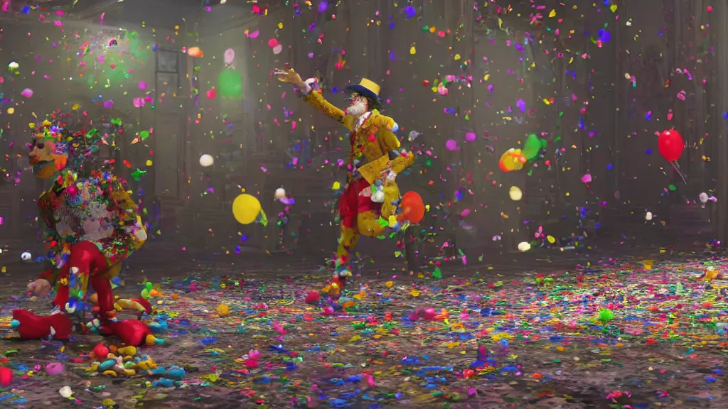 Prompt: A clown vomiting confetti, by Thomas Kinkade, hyperrealistic, Cryengine 8k UHD