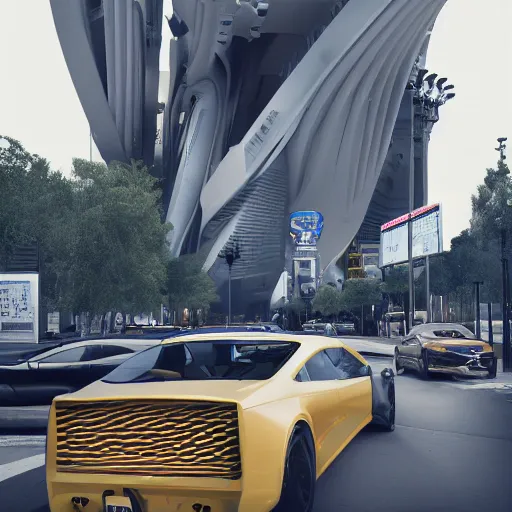 Image similar to sci-fi cars wall near structure on the coronation of napoleon painting and digital billboard in the middle, unreal engine 5, keyshot, octane, artstation trending, ultra high detail, ultra realistic, cinematic, 8k, 16k, in style of zaha hadid, in plastic, dark, tilt shift,