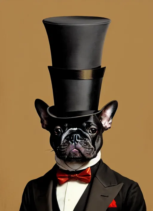 Prompt: portrait of a french bulldog as a gentleman, top hat, intricate, headshot, highly detailed, digital painting, artstation, concept art, sharp focus, cinematic lighting, illustration, art by artgerm and greg rutkowski, alphonse mucha, cgsociety