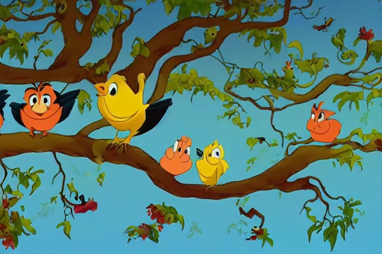 Prompt: cartoon of a thousand happy birds, from a disney animated film