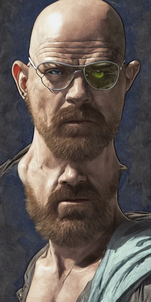 Image similar to Heisenberg as Kratos, highly detailed, digital painting, artstation, concept art, smooth, sharp focus, illustration, ArtStation, art by artgerm and greg rutkowski and alphonse mucha and J. C. Leyendecker and Edmund Blair Leighton and Katsuhiro Otomo and Geof Darrow and Phil hale and Ashley wood and Ilya repin and Charlie Bowater
