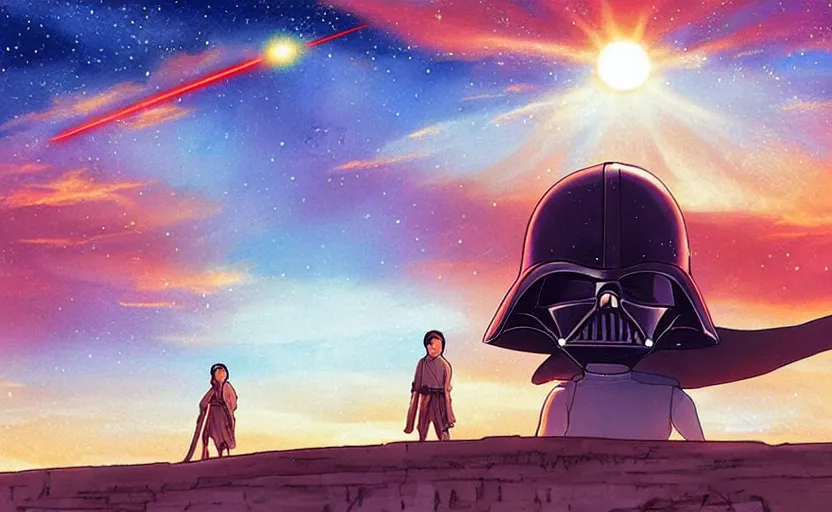 Image similar to star wars binary sunsets in a ghibli realistic style