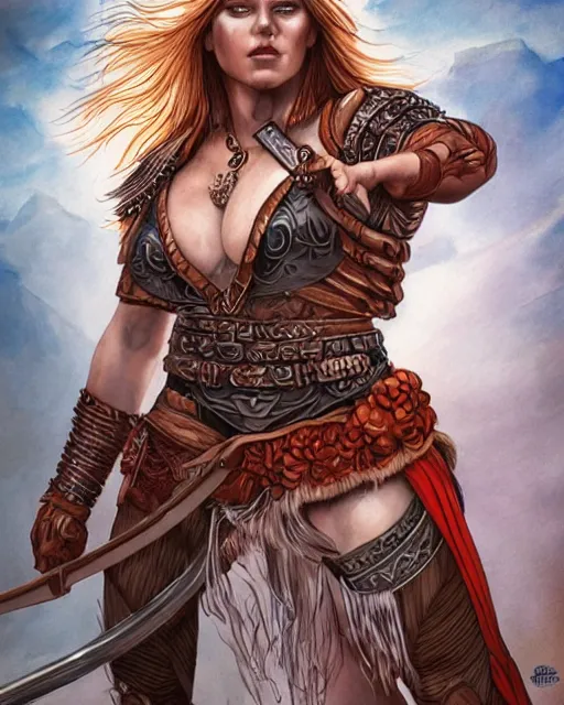 Prompt: a beautiful and strong female warrior by Boris Valejo and Laura Sava
