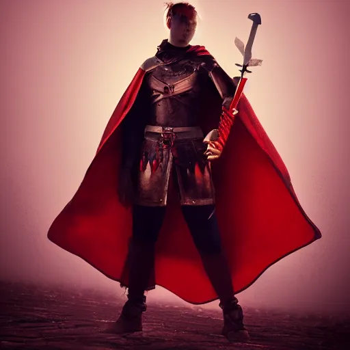 Prompt: warrior holding two swords, full body worn out cape, red hoodie, worn out clothes, symmetry, concept art, volumetric light, full body shot, 8K, trending on artstation