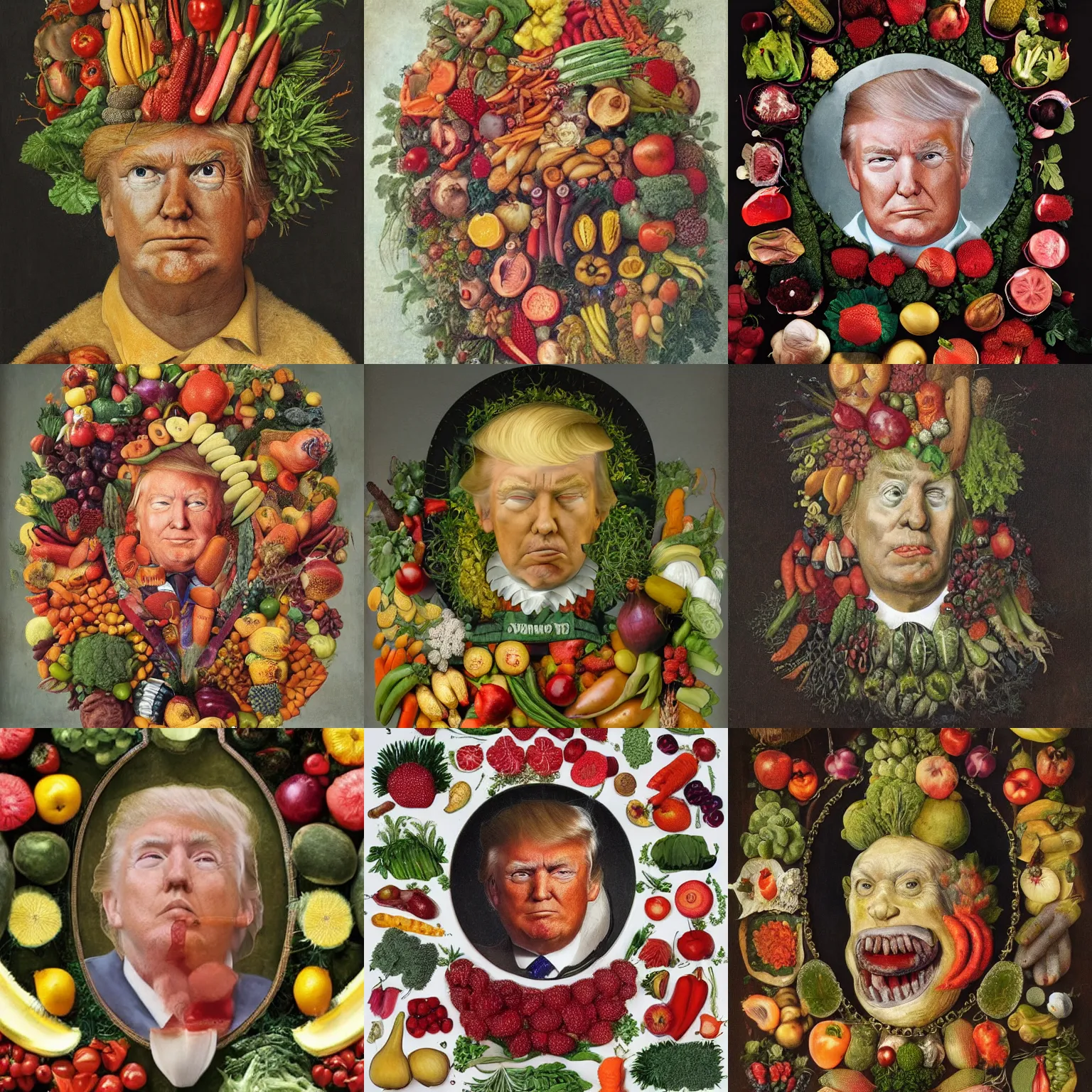 Image similar to donald trump portrait made by composition of fruit and vegetables by giuseppe arcimboldo