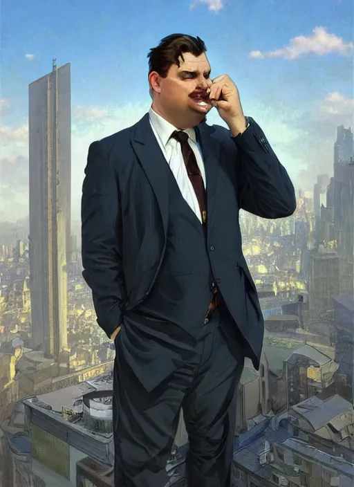Image similar to portrait of a clean - shaven chubby chubby chubby white man in his 4 0's wearing a suit and tie, office setting in background, d & d, detailed, digital art, artstation, smooth, sharp focus, art by artgerm, greg rutkowski, alphonse mucha