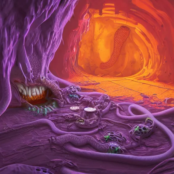 Image similar to detailed shot of inside a cavernous living stomach, the walls purple and pulsing, lots of acid pooling up on the floor, digesting and dissolving a small dragon, food pov, micro pov, vore, digital art, furry art, anthro art, high quality, 8k 3D realistic, macro art, micro art, Furaffinity, Deviantart, Eka's Portal, G6