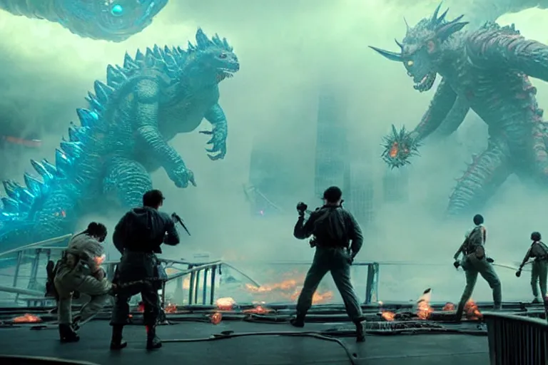 Image similar to film still of the ghostbusters fighting a kaiju in tokyo in the new pacific rim king of the monsters movie