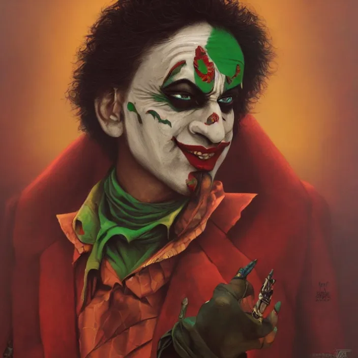 Image similar to indian joker, dark and gloom, extremely detailed oil painting, highly detailed, trending on artstation, concept art, sharp focus, illustration, by bouguereau and gerald brom