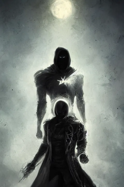 Image similar to characters portrait of Moon Knight mixed with Ghostrider by Alyssa Monks, full-shot, merged character, Full body shot, cinematic opening shot, 4k, highly detailed, cinematic lighting