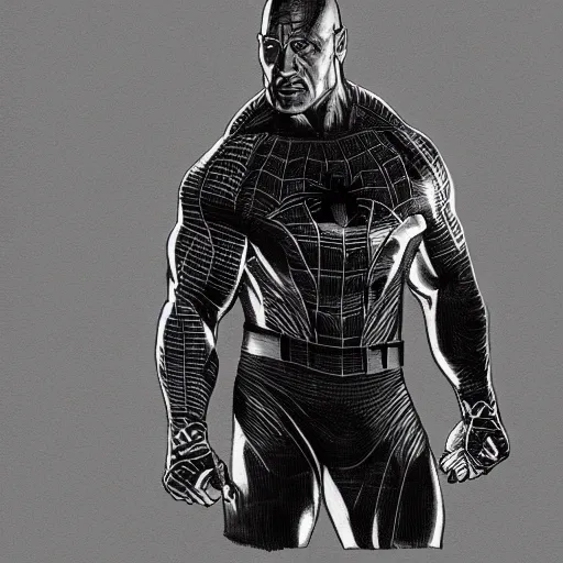 Prompt: dwayne johnson as spiderman in style of pen line drawing, very detailed