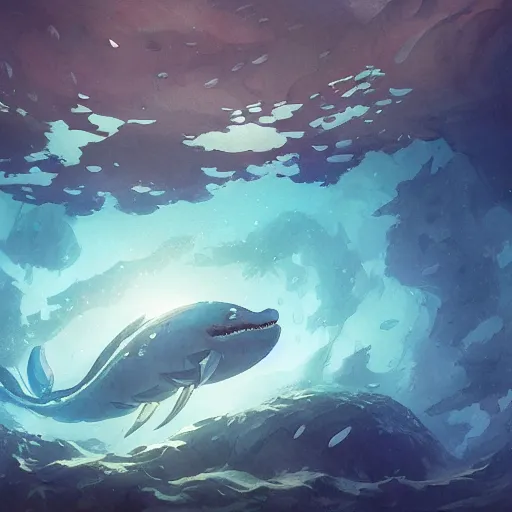 Prompt: a hostile deep sea creature encountering a submarine, fantasy, digital art, illustration, vibrant watercolor, warm fantasy lighting, wenjun lin, studio ghibli, reflections, refractions, film grain