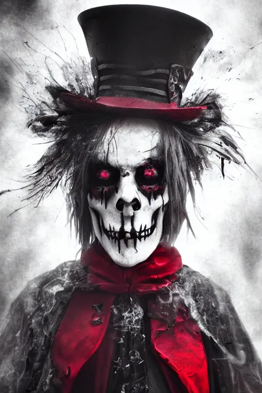 Prompt: the ghost - spirit translucid transparent, the grim - hatter wears the scarlet skull armor and blood crown, midnight fog - mist!, cinematic lighting, various refining methods, micro macro autofocus, ultra definition, award winning photo