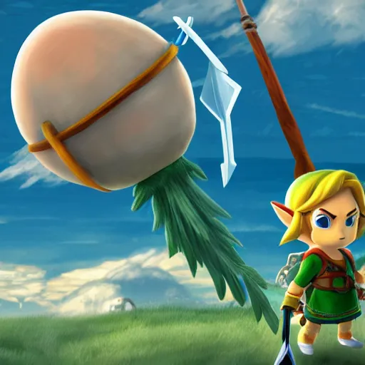 Prompt: link standing in front of the windfish egg holding up is charged sword to the sky artwork from zelda links awakening, trending on artstation