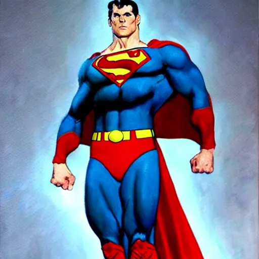 Image similar to an ultra - realistic portrait painting of superman in the style of frank frazetta. 4 k. ultra - realistic. highly detailed. dark fantasy. epic lighting.