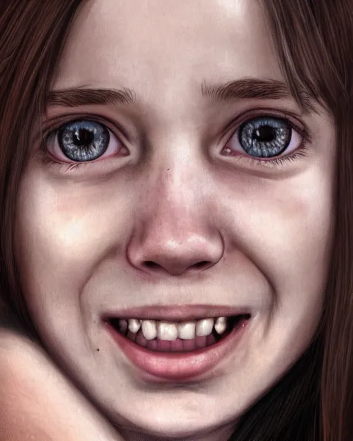 Image similar to close up portrait of 1 5 - year - old girl, smile with large front teeth, hermione granger, very bushy brown hair, and very bright brown eyes, wearing white shirt, hyper realistic face, beautiful eyes, character art, art by mark brooks, hyperdetailed, cryengine, trending on artstation, digital art