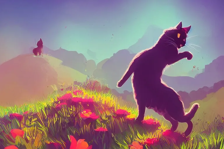 Image similar to a digital art of a cat standing on the top of the hill with flowers around in the afternoon, sunshine, cute, illustration, animal, light effect, highly detailed, by anton fadeev