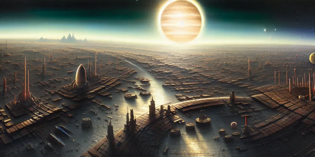 Image similar to planetary city, 2 biggest planets on the horizon of different sizes, intricate, highly detailed, photorealistic, digital painting, artstation, illustration, concept art, smooth, sharp focus, by ansel adams, bernardo bellotto, john collier, albert aublet and krenz cushart