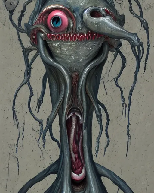 Prompt: Haunting horrifying detailed painting of a tall skinny extraterrestrial squid monster made of gelatinous fluid, floating teeth and bloodshot eyeballs, hyper detailed, trending on Artstation