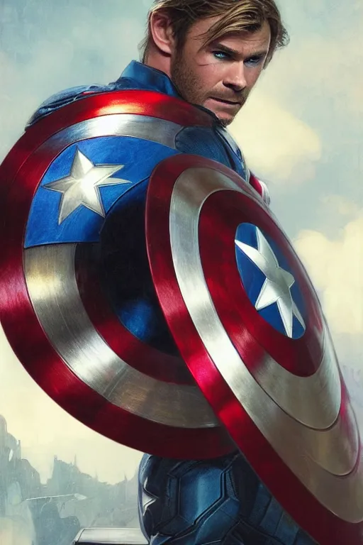 Prompt: chris hemsworth as captain america, highly detailed character in digital fantasy, painted portrait, artstation, concept art, hard focus, illustrations, works by artgerm and greg rutkowski, alphonse mucha and craig mullins, james gene, andrey ryabovichev, mark simonetti and peter morbacher, 1 6 thousand