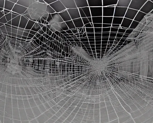 Image similar to camera footage of an abandoned shopping mall overrun by huge spiders and cobwebs, high exposure, dark, monochrome, camera, grainy, CCTV, security camera footage, timestamp, zoomed in, fish-eye lense, spiders!!!!, webs!