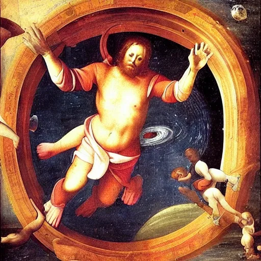 Image similar to beautiful renaissance painting of an astronaut floating in space