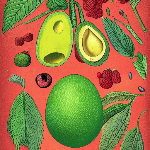 Image similar to highly detailed graphic poster depicting an avocado and a raspberry watching the world on burn with fire, done in the style of old botanical illustrations, matisse, caravaggio, basquiat, japanese art, 4 k