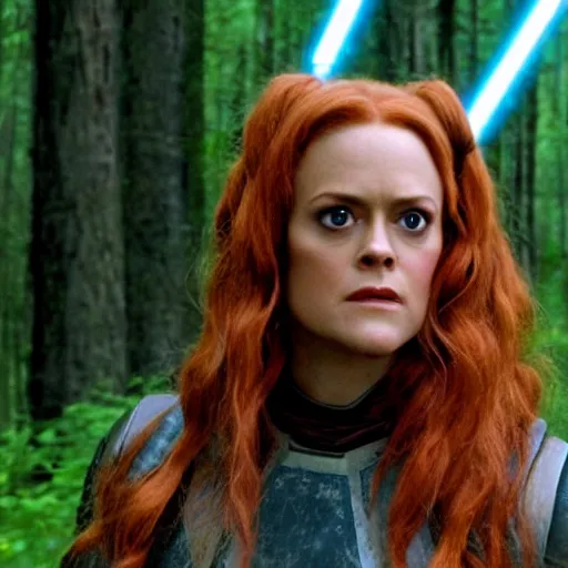 Image similar to close - up movie still of cute redhead alicia silverstone as bounty hunter mara jade on the forested mountain planet wayland in star wars episode vii : heir to the empire