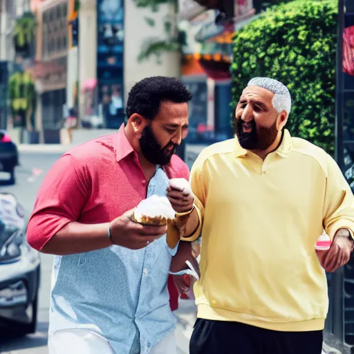 Prompt: Hide the pain Arnold and DJ Khaled licking ice cream in street while walking, 4K, photorealistic