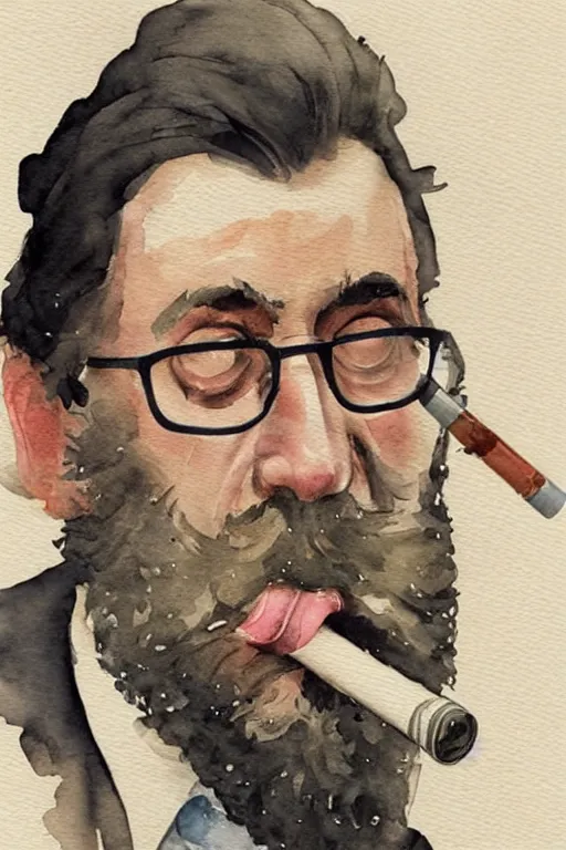 Image similar to portrait of a middle - aged writer with a beard, he is smoking a cigarette, watercolor style of greg rutkowski