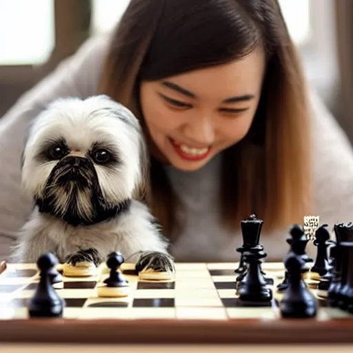 Image similar to cute shi tzu playing chess