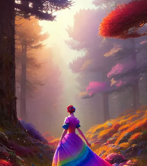 Image similar to highly detailed portrait of women wearing rainbow gown in middle of colorful forest in gta v, stephen bliss, unreal engine, fantasy art by greg rutkowski, loish, rhads, ferdinand knab, makoto shinkai and lois van baarle, ilya kuvshinov, rossdraws, tom bagshaw, global illumination, radiant light, detailed and intricate environment