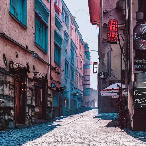 Prompt: highly detailed cyberpunk tallinn old town street view by zubkov and beeple