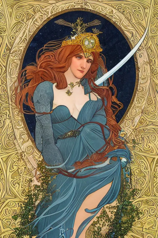 Prompt: stunning goddess valkyrie, crescent moon in the background, in style blend of Botticelli and alphonse mucha, amazing detail, stunning lines, flat colors, 4K, digital illustration, character concept