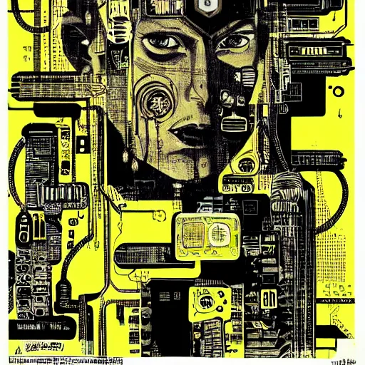 Image similar to a face covered in computer circuits, scifi, bladerunner, cyberpunk, heavy ink, yellow, illustration by mike mignola