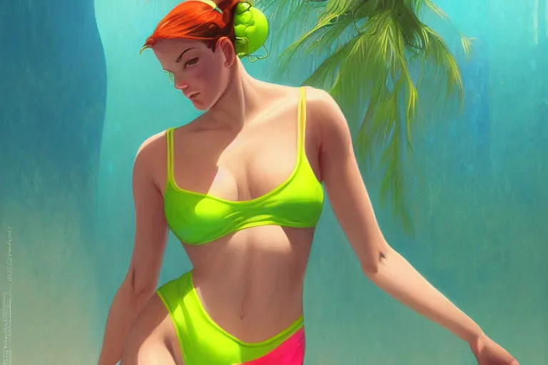 Prompt: Good looking young woman wearing neon coloured bathing suit in a swimming pool, portrait, elegant, intricate, retrofuturistic digital painting, artstation, concept art, smooth, sharp focus, illustration, art by artgerm and greg rutkowski and alphonse mucha