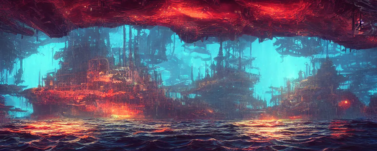 Prompt: ” underwater otherwordly city, [ deepsea, cinematic, detailed, epic, widescreen, opening, establishing, mattepainting, photorealistic, realistic textures, octane render, art by slop and paul lehr ] ”