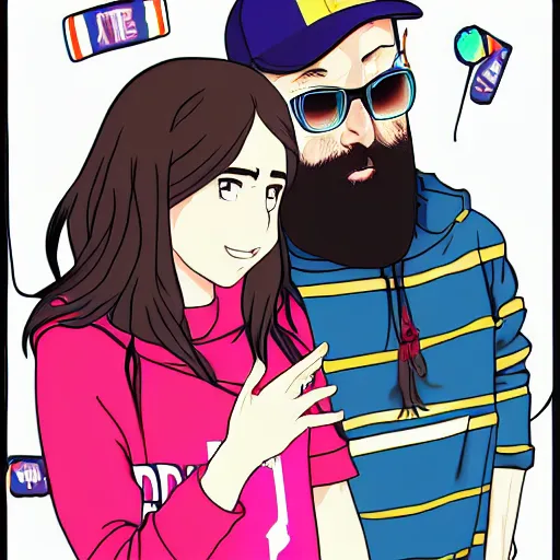 Image similar to hila klein holding hands with keemstar, anime style, digital art, cure, teddy fresh