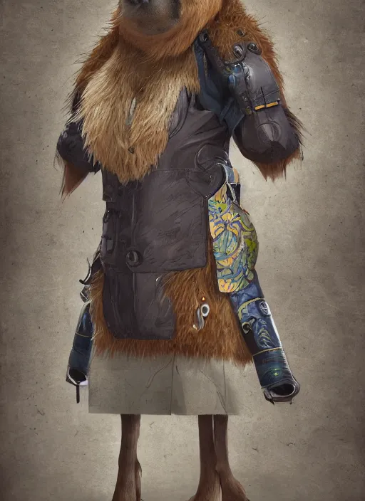 Prompt: detailed full body concept art illustration, oil painting on canvas of an anthropomorphic capybara school teacher in full intricate clothing, biomutant, dystopian, micro detail, octane render, 4K