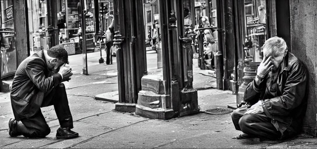 Image similar to man, begging for forgiveness, streets of New York, photo, realistic