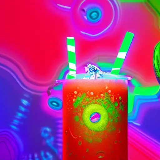 Image similar to cherry limeade smoothie, good trip vibes, intricate complexity, surreal horror, psychedelic glitch art, neon rainbow drip paint, trending on art station, photoreal, 8 k, octane render