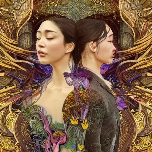 Prompt: beautiful and detailed digital illustration of regeneration can only be attained by two souls working in unison and harmony, dramatic 8k image, ultrarealistic, elaborate and emotive, transcendental by kittichai rueangchaichan, floralpunk, Artstation, art nouveau aesthetic, Alphonse Mucha background, intricate details,concept art, realistic, dramatic, detailed intricate ink illustration, heavenly atmosphere