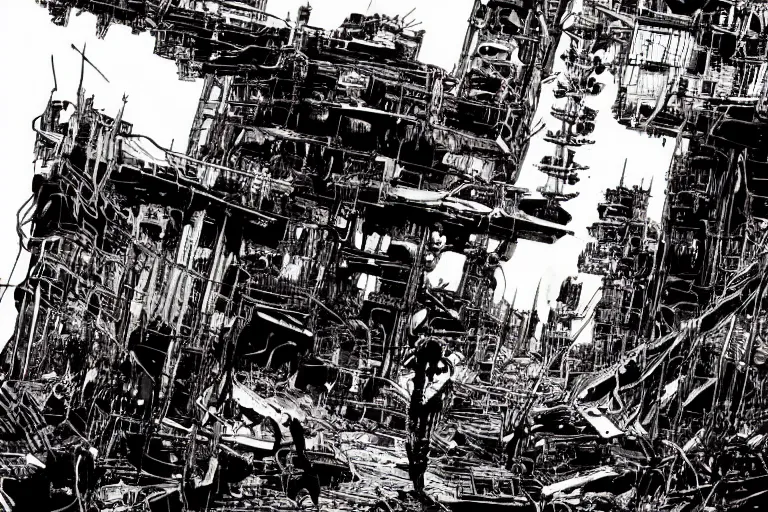 Image similar to no man's land, remnants of the human civilization, post-apocalyspe, a color illustration by Tsutomu Nihei, Tetsuo Hara and Katsuhiro Otomo