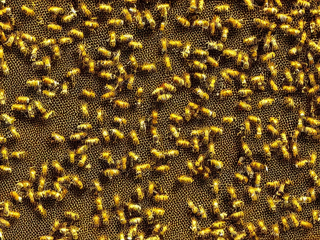 Prompt: 10,100 entities shapeshifting in a gradient into bees. beehive. minimal
