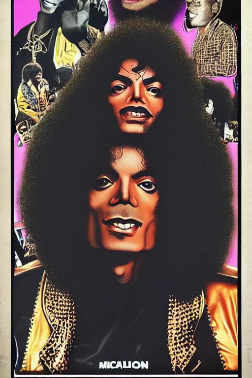 Image similar to big nose michael jackson afro young afro jackson 5 poster as a black rapper 1 9 7 0 s, the hood, tattoos, dancing, poster tour, art work, ripped, 6 pack, rapping, grime, michael jackson, uhd, sharp, detailed, cinematic 4 k