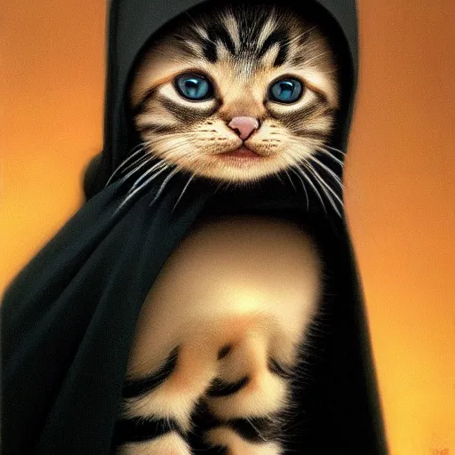 Image similar to a portrait of a kitten wearing a black hood, cloak covering face, anatomically correct, beautiful perfect face, enigmatic, oil painting, matte, black background, Volumetric dynamic lighting, Highly Detailed, Cinematic Lighting, Unreal Engine, 8k, HD, by Beksinski