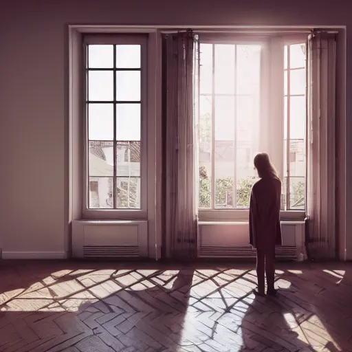 Image similar to person in pyjamas standing near window, sun rays, daylight, big french door window, big spatious room, 2 4 mm, wooden floor, modern, pastel palette, winter sun, photorealistic, high ceiling, watercolor painting