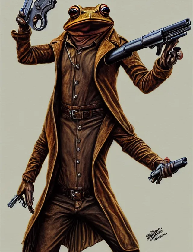 Prompt: anthropomorphic bipedal frog that is wearing a brown leather trenchcoat, and dual wielding revolver pistols, as a matte oil painting and d & d character art, by alex grey, retrofuturistic, science fantasy, standing, fullbody, concept art, award - winning, extremely detailed, sharp focus